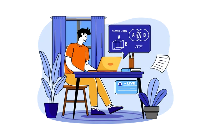 A boy studying from home during quarantine  Illustration