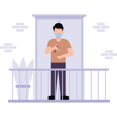 A boy wearing a mask is standing on the balcony  Illustration