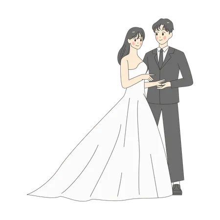 A Bride and Groom Looking at Each Other  Illustration