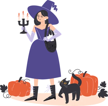 Menina bruxa andando com gato preto entre abóboras  Ilustração
