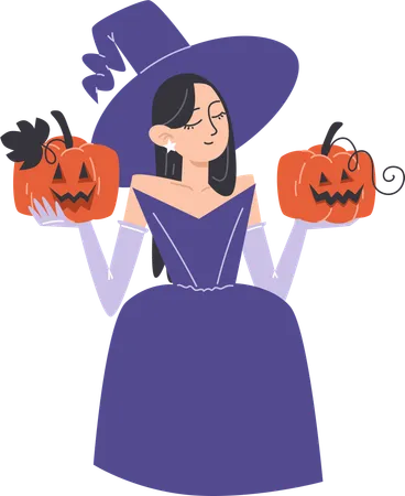 Menina bruxa segurando lanternas de abóboras para o Halloween  Ilustração