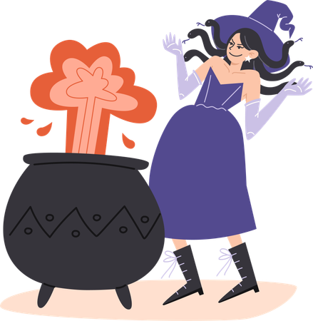 Menina bruxa preparando poção no caldeirão e ri maldosamente  Ilustração