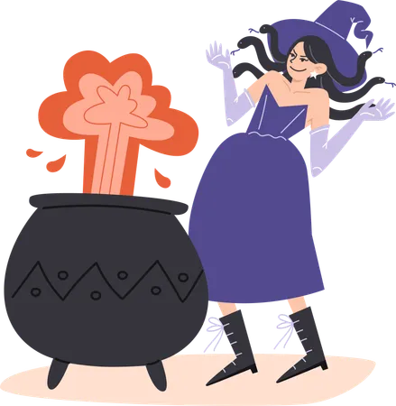 Menina bruxa preparando poção no caldeirão e ri maldosamente  Ilustração