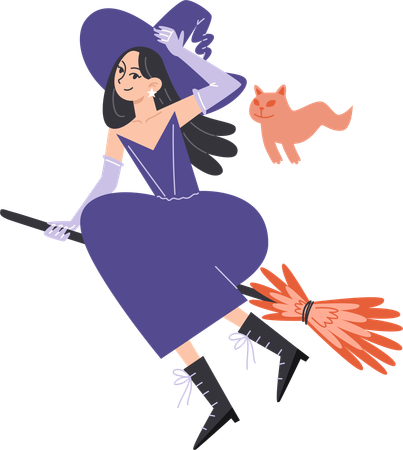 Garota bruxa na vassoura com gato fantasma  Ilustração