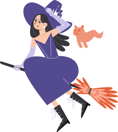 Garota bruxa na vassoura com gato fantasma  Ilustração