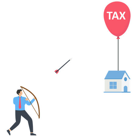 A businessman hit a home tax balloon with an arrow  Illustration