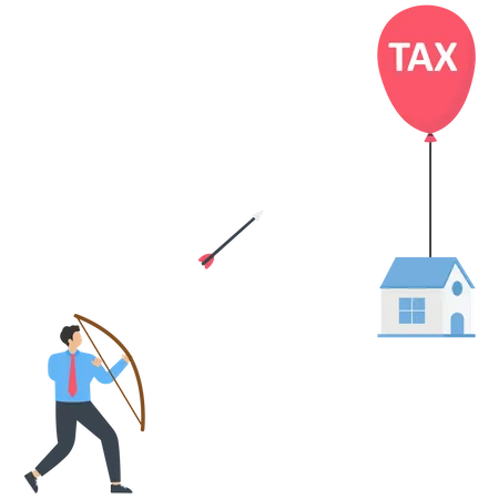 A businessman hit a home tax balloon with an arrow  Illustration