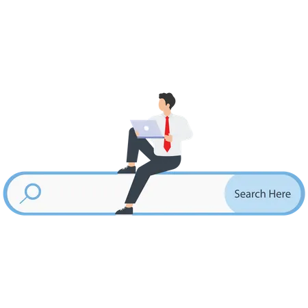Search Line The Main Web Page Of The Site A Businessman Searches For Information On The Net The Search Service Helps Employees Work Remotely From Home While Students Study Remotely Vector Illustration