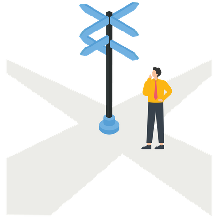 A businessman standing at a crossroads  Illustration