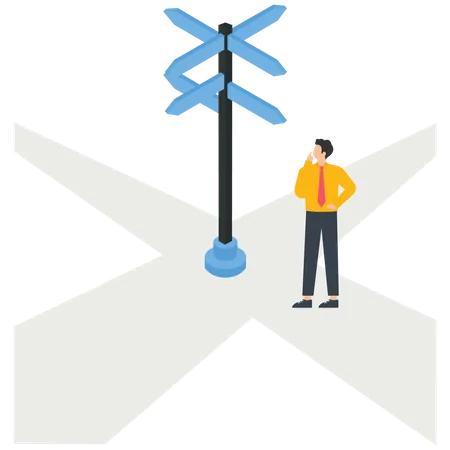 A businessman standing at a crossroads  Illustration