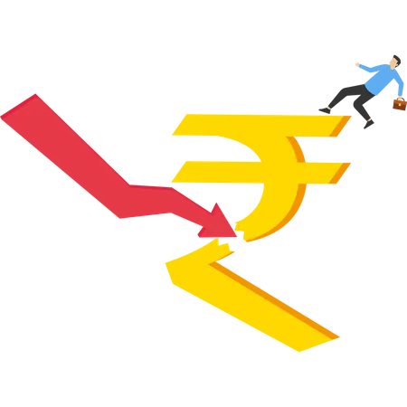 A businessman tries to prop up a falling indian rupee  Illustration