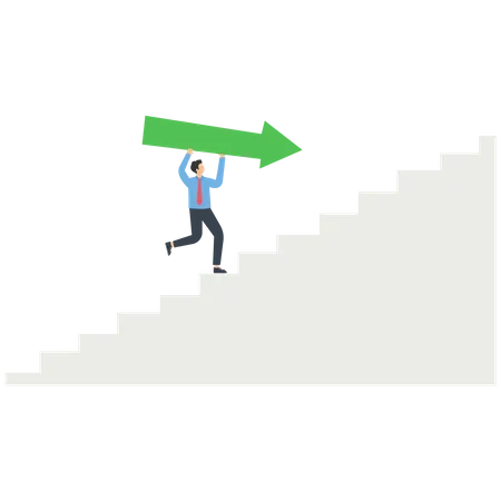 A businessman walks on a stair with an arrow  Illustration