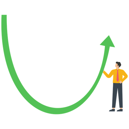 A businessman wears a red cape raises a white arrow graph  Illustration