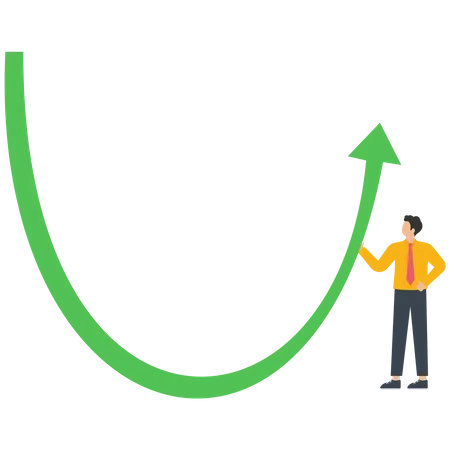 A businessman wears a red cape raises a white arrow graph  Illustration