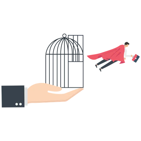 A businessman with a red cape flies from a cage  Illustration