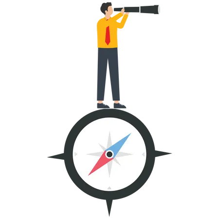 A businessman with a telescope stands on a compass  Illustration