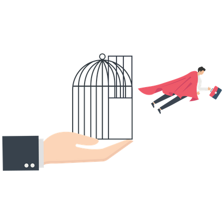 A businessman with a red cape flies from a cage  Illustration