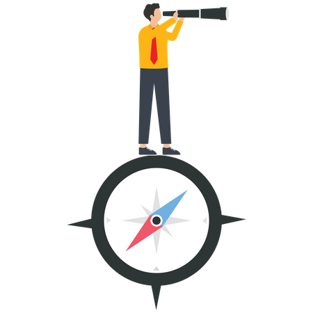 A businessman with a telescope stands on a compass  Illustration