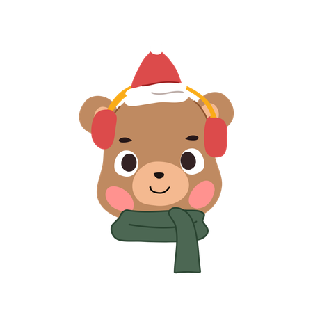 A cheerful grizzly bear dressed in a festive Christmas outfit and scarf  Illustration