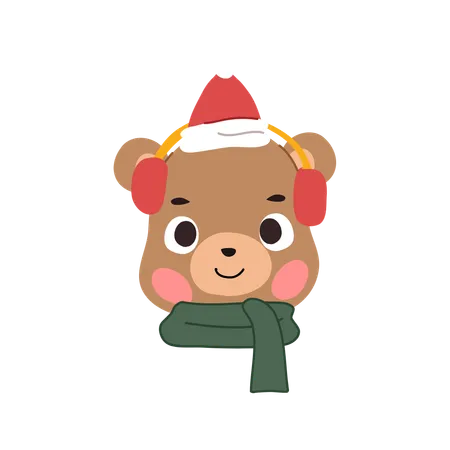 A cheerful grizzly bear dressed in a festive Christmas outfit and scarf  Illustration