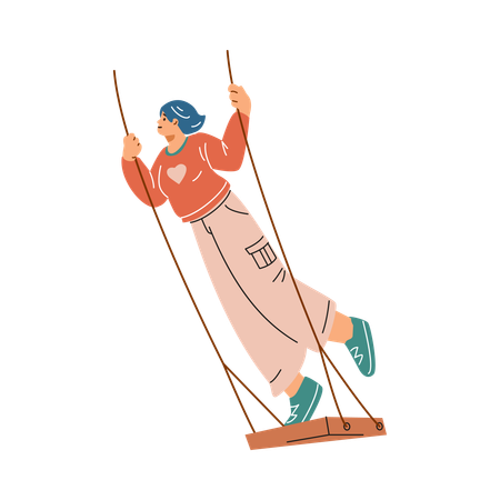 A cheerful young woman in a sweater and sweatpants swings on a swing while standing  Illustration