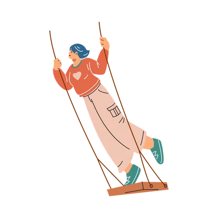 A cheerful young woman in a sweater and sweatpants swings on a swing while standing  Illustration