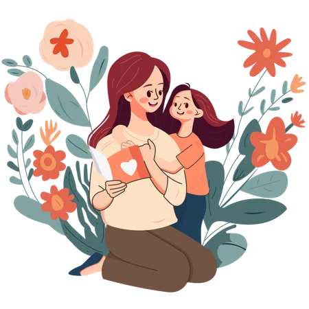 A Child Gives a Card to Mother  Illustration