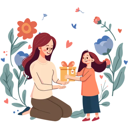 A Child Gives a Gift to Mother  Illustration