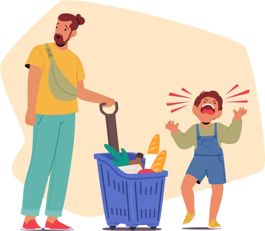 In The Crowded Store A Child Piercing Screams Echoed A Tantrum Unfolded The Father Wearied And Saddened Struggled To Console Amid Sympathetic Stares Character Cartoon People Vector Illustration Illustration