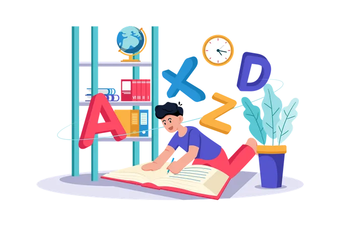 A child practices writing letters and numbers  Illustration