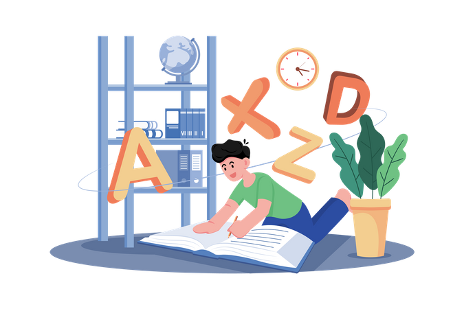 A child practices writing letters and numbers  イラスト