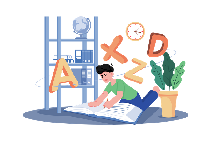 A child practices writing letters and numbers  Illustration