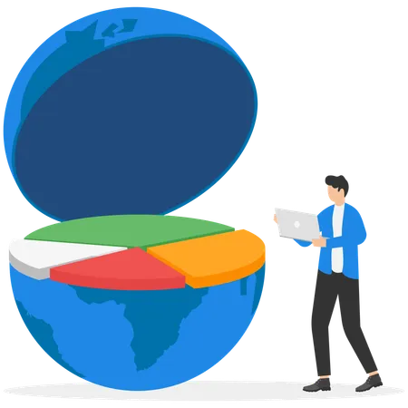 A circle chart in half of the globe and people in business clothes manage data through a touch station  Illustration