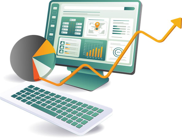 A computer monitor displaying a pie chart next to a keyboard  Illustration