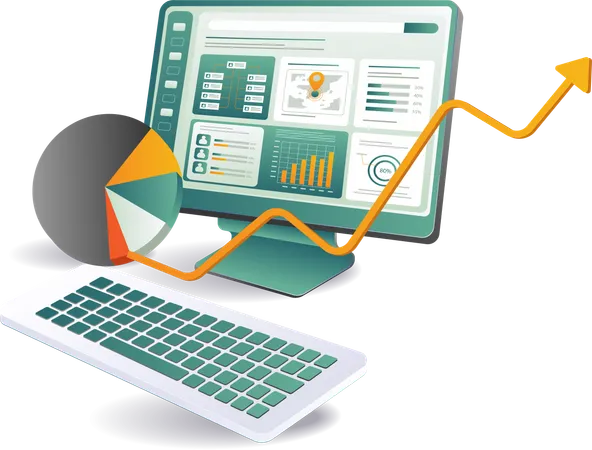 A computer monitor displaying a pie chart next to a keyboard  Illustration