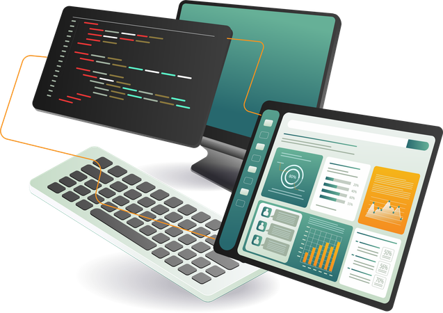 화면에 프로그래밍 코드가 있는 컴퓨터, 태블릿 및 키보드  일러스트레이션