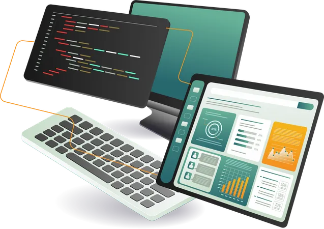 화면에 프로그래밍 코드가 있는 컴퓨터, 태블릿 및 키보드  일러스트레이션