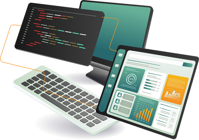 A computer, tablet, and keyboard with programming code on the screen  Illustration