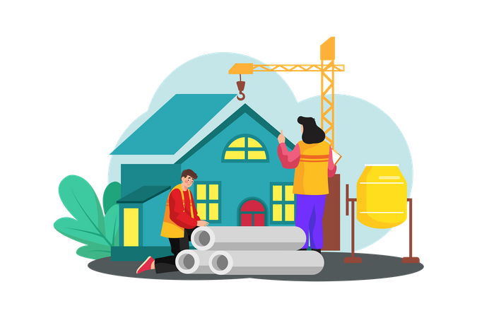 A construction crew installs a new roof on a residential building  Illustration