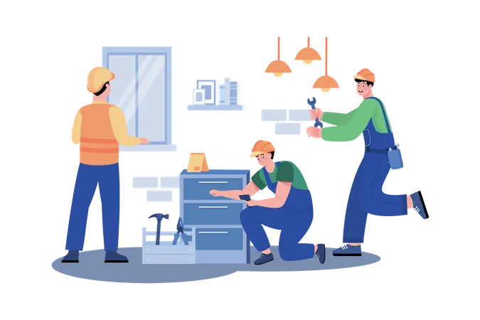 A construction team installs electrical wiring and fixtures in a newly constructed house  Illustration