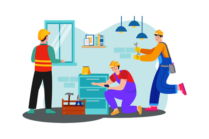 A construction team installs electrical wiring and fixtures in a newly constructed house  Illustration