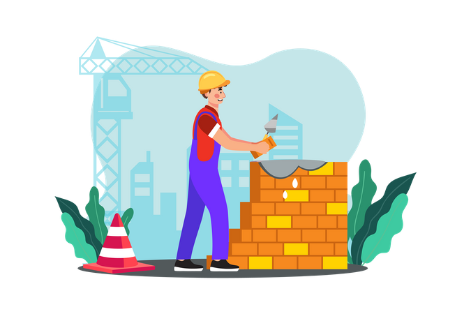 A construction worker lays bricks to build a sturdy wall  Illustration