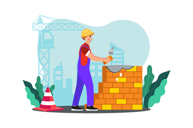 A construction worker lays bricks to build a sturdy wall  イラスト