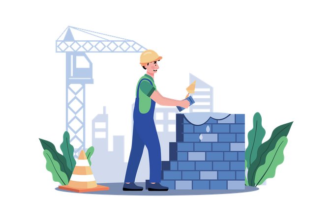 A construction worker lays bricks to build a sturdy wall  イラスト