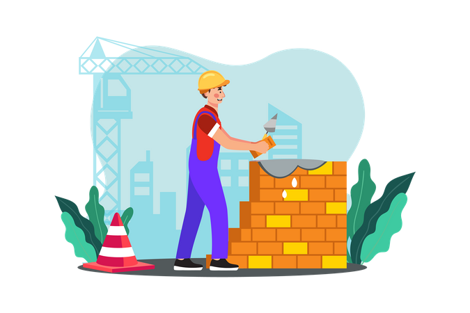 A construction worker lays bricks to build a sturdy wall  Illustration