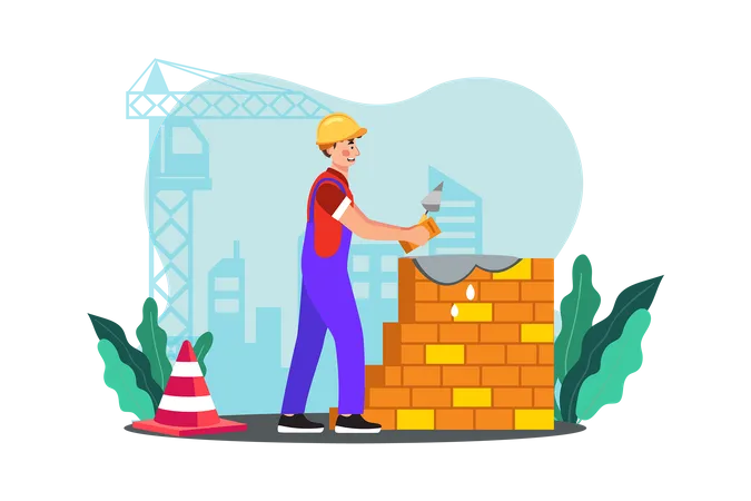 A construction worker lays bricks to build a sturdy wall  Illustration