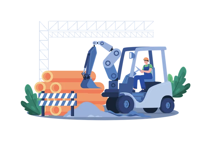 Construction Worker Clears Site With Heavy Machinery Illustration