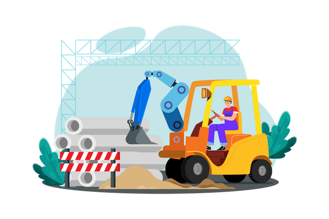 A construction worker operates heavy machinery to clear a construction site  Illustration
