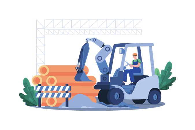 A construction worker operates heavy machinery to clear a construction site  Illustration