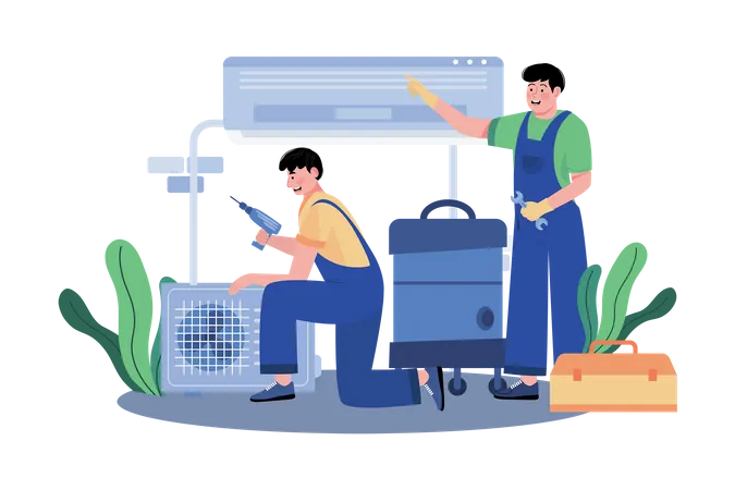 Contractor Oversees HVAC Installation In Office Building Illustration